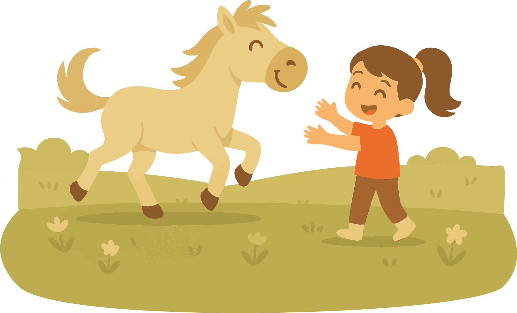 Grafik-Mädchen mit Pferd und Wiese